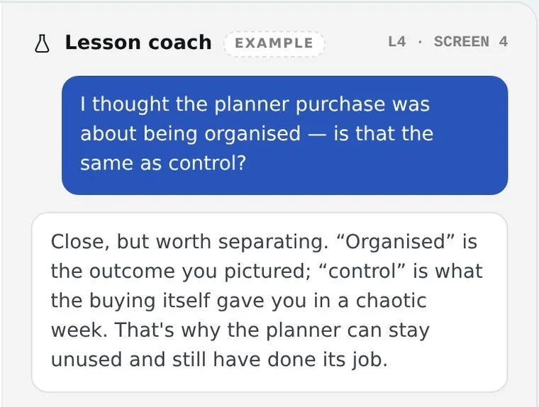 Lesson coach panel with a learner's question and the coach's answer