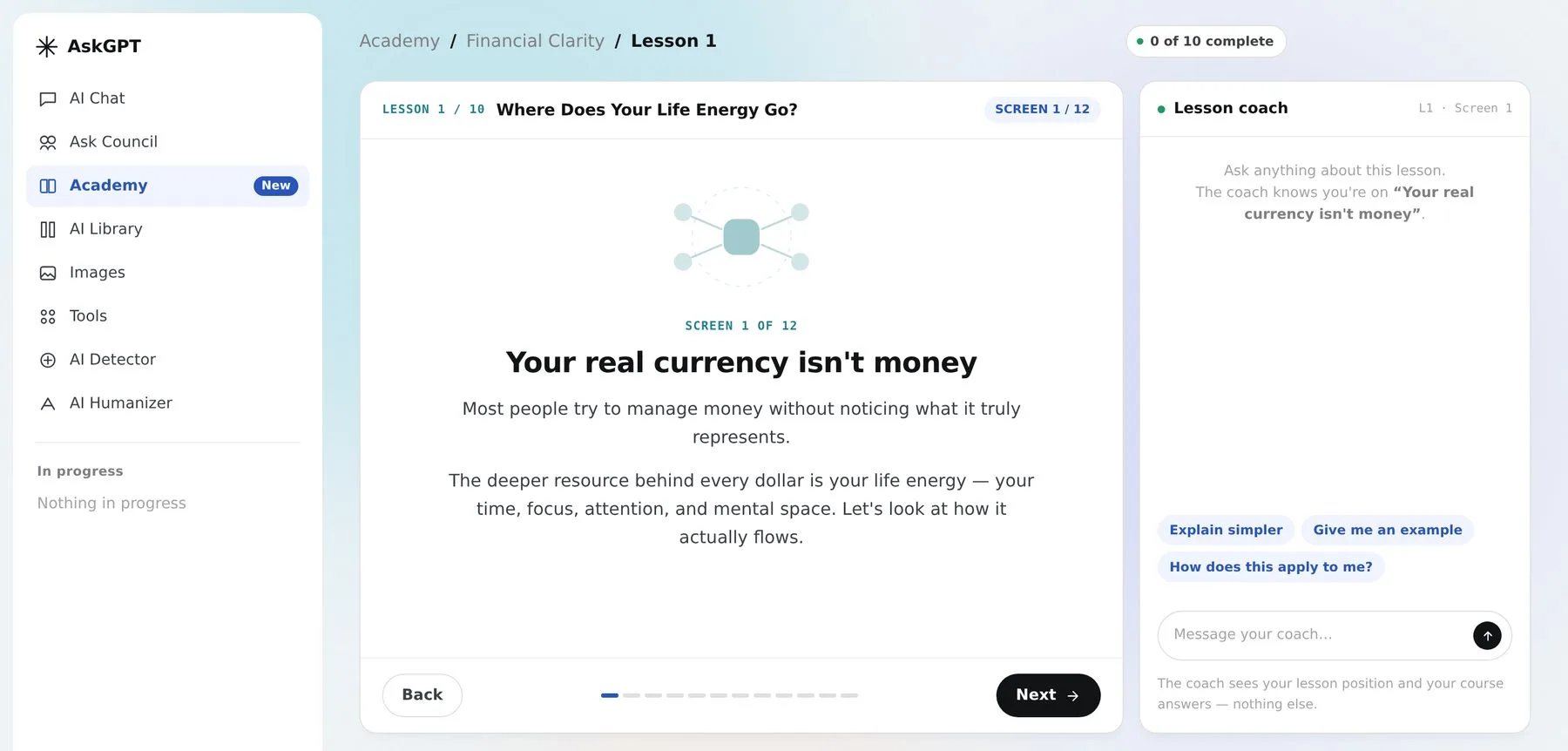 AskGPT Academy lesson: Financial Clarity with AI, lesson 1 of 10, with the lesson coach panel